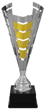 Silber/Goldener Metall Pokal auf hohem Sockel, 74cm inkl.Aluschild/Schrift/Logo/Montage