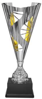 Silber/Goldener Metall Pokal auf hohem Sockel, 71cm inkl.Aluschild/Schrift/Logo/Montage