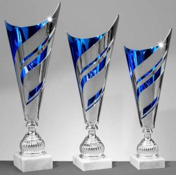 Silber/Blau Metall Pokal auf Marmorsockel,3 Größen inkl.Aluschild/Schrift/Logo/Montage
