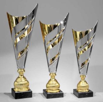 Silber/Goldener Metall Pokal auf Marmorsockel,3 Größen inkl.Aluschild/Schrift/Logo/Montage