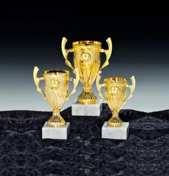 Goldener Pokal auf Marmorsockel 3 Größen inkl.Aluschild/Schrift/5cm Logo/Montage