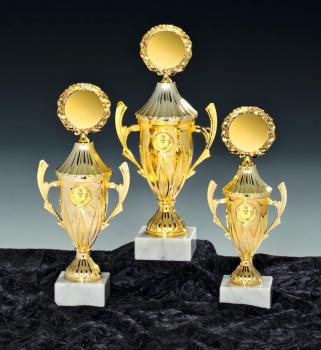Goldener Pokal auf Marmorsockel 3 Größen inkl.Aluschild/Schrift/5cm Logo/Montage