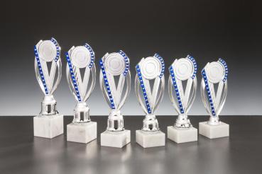 6er Ständertrophäe bis 25,1cm Farbe Silber/Blau inkl.Aluschild/Schrift/ 5cmØ Logo/Montage