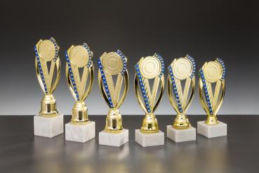 6er Ständertrophäe bis 25,1cm Farbe Gold/Blau inkl.Aluschild/Schrift/ 5cmØ Logo/Montage