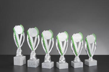 6er Ständertrophäe bis 25,1cm Farbe Silber/Grün inkl.Aluschild/Schrift/ 5cmØ Logo/Montage