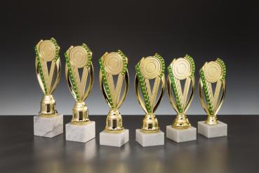 6er Ständertrophäe bis 25,1cm Farbe Gold/Grün inkl.Aluschild/Schrift/ 5cmØ Logo/Montage