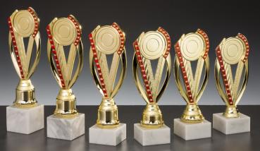 6er Ständertrophäe bis 25,1cm Farbe Gold/Rot inkl.Aluschild/Schrift/ 5cmØ Logo/Montage