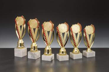 6er Ständertrophäe bis 25,1cm Farbe Gold/Rot inkl.Aluschild/Schrift/ 5cmØ Logo/Montage
