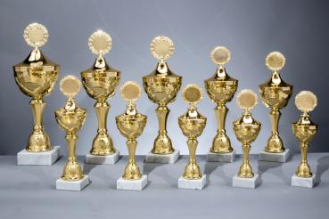 10er Pokal Serie Farbe Gold 10 Größen zur Wahl inkl. Aluschild/Schrift/5cmØ Logo/Montage - Kopie