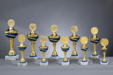 Gold/Blauer  Pokal 10 Größen zur Wahl inkl. Aluschild/Schrift/5cmØ Logo/Montage