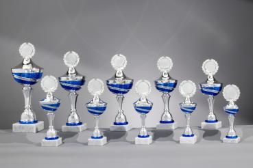 Silber/Blauer  Pokal 10 Größen zur Wahl inkl. Aluschild/Schrift/5cmØ Logo/Montage