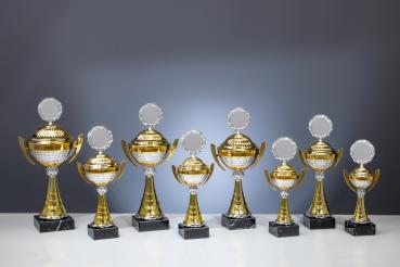 8er Henkelpokal Serie von 26,2cm bis 37,5cm inkl. Aluschild/Schrift/Logo/Montage