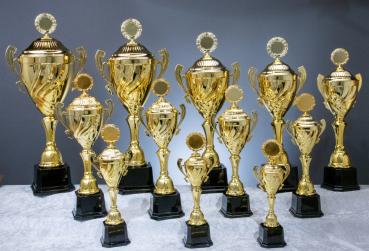 Goldener Henkel Pokal mit Deckel 12 Größen, inkl.: Aluschild/Schrift/Vereinslogo/Montage
