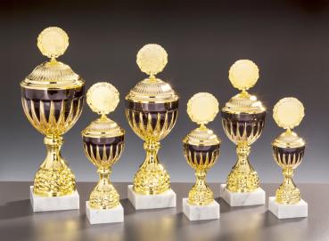 6er Pokal Serie Gold/Schwarz ,großer Kelch, inkl.: Aluschild/Schrift/5cmØ Logo/Montage