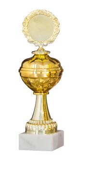 Pokal Serie in Gold inkl. Aluschild/Schrift/5cm Ø Logo/Montage