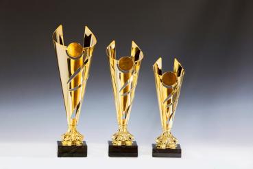 Goldener Metall Pokal auf Marmorsockel 3 Größen inkl.Aluschild/Schrift/5cm Logo/Montage