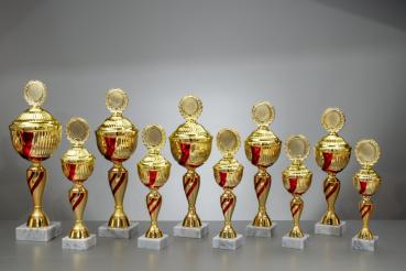 Gold/Roter Pokal 10 Größen zur Wahl inkl. Aluschild/Schrift/5cmØ Logo/Montage