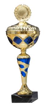 Gold/Blauer  Pokal 10 Größen zur Wahl inkl. Aluschild/Schrift/5cmØ Logo/Montage