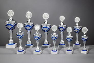 Silber/Blauer  Pokal 10 Größen zur Wahl inkl. Aluschild/Schrift/5cmØ Logo/Montage
