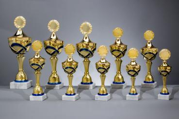 Gold/Blauer  Pokal 10 Größen zur Wahl inkl. Aluschild/Schrift/5cmØ Logo/Montage
