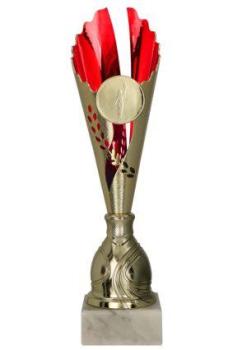 6er Pokal Serie Farbe gold/rot bis 39,5cm hoch inkl. Aluschild/Schrift/5cm Ø Logo/Montage