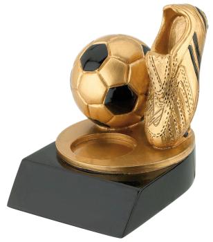 Goldene Fußballtrophäe auf schwarzem Sockel aus Resin Höhe 7,5cm inkl. Etikett/Text und Logo