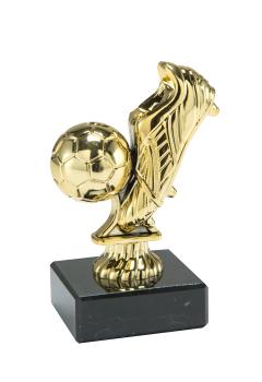 Fußballschuh mit Ball auf Marmorsockel mit Aufkleber und Montage