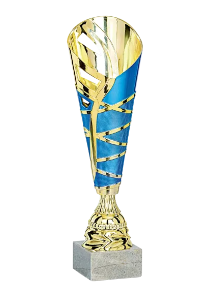 Gold/Blauer Kunststoff Pokal auf Marmorsockel 3 Größen inkl.Aluschild/Schrift/Montage