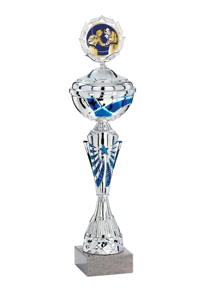 Silber/Blauer Pokal mit Deckel,blauer Stern,5 Größen inkl.Aluschild/Schrift/Montage