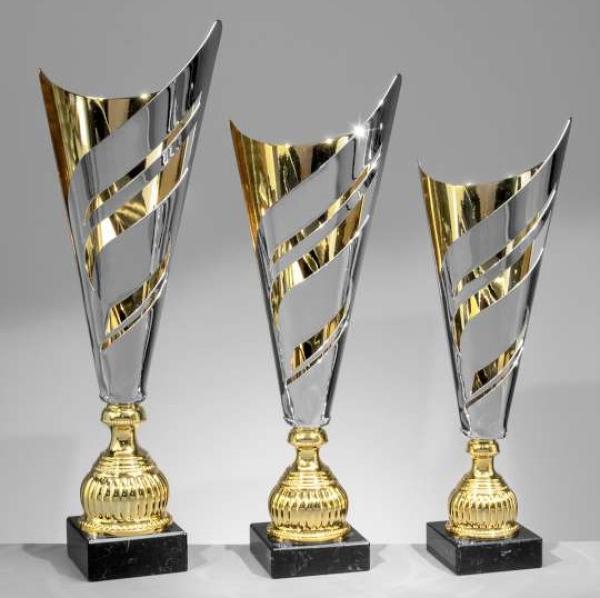 Silber/Goldener Metall Pokal auf Marmorsockel,3 Größen inkl.Aluschild/Schrift/Logo/Montage