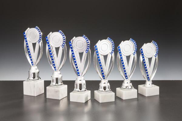 6er Ständertrophäe bis 25,1cm Farbe Silber/Blau inkl.Aluschild/Schrift/ 5cmØ Logo/Montage