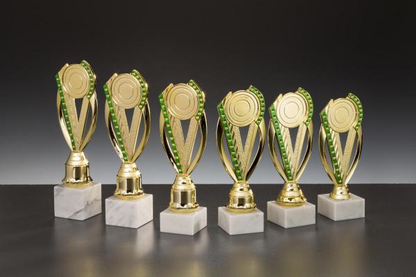 6er Ständertrophäe bis 25,1cm Farbe Gold/Grün inkl.Aluschild/Schrift/ 5cmØ Logo/Montage