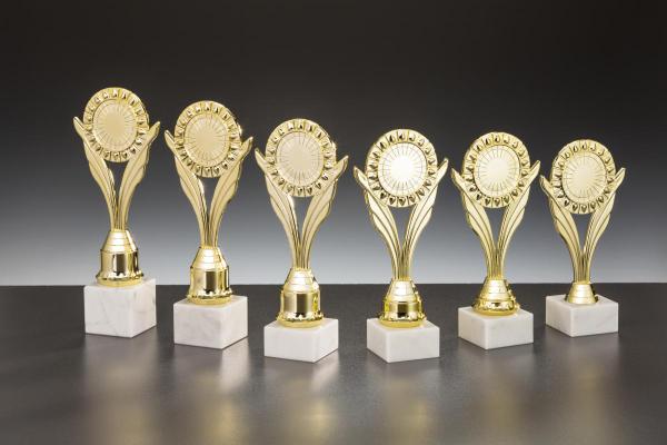 6er Ständertrophäe bis 25,1cm Farbe Gold inkl.Aluschild/Schrift/ 5cmØ Logo/Montage