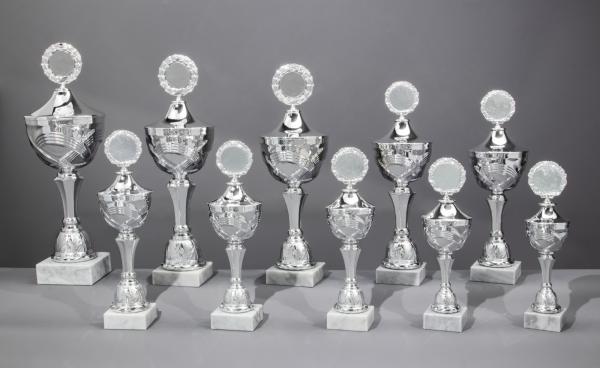 10er Pokal Serie Farbe Silber 10 Größen zur Wahl inkl. Aluschild/Schrift/5cmØ Logo/Montage