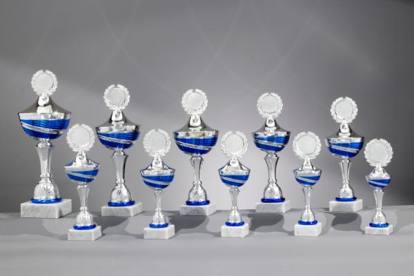 Silber/Blauer  Pokal 10 Größen zur Wahl inkl. Aluschild/Schrift/5cmØ Logo/Montage