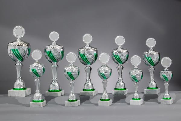 Silber/Grüner  Pokal 10 Größen zur Wahl inkl. Aluschild/Schrift/5cmØ Logo/Montage