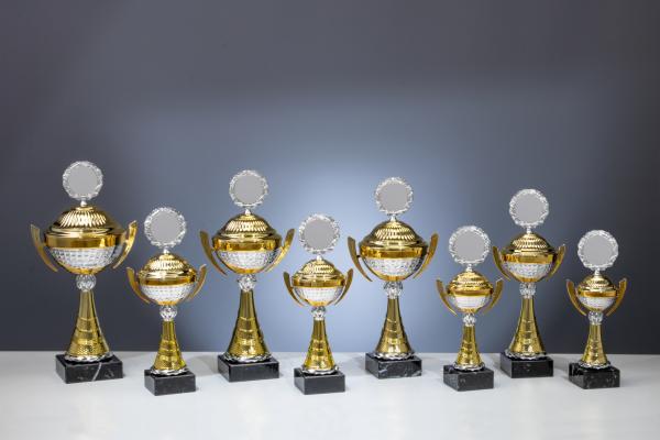 8er Henkelpokal Serie von 26,2cm bis 37,5cm inkl. Aluschild/Schrift/Logo/Montage