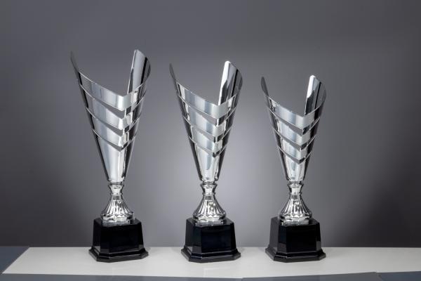 Silbener Metall Pokal auf hohem Sockel,3Größen inkl.Aluschild/Schrift/Logo/Montage