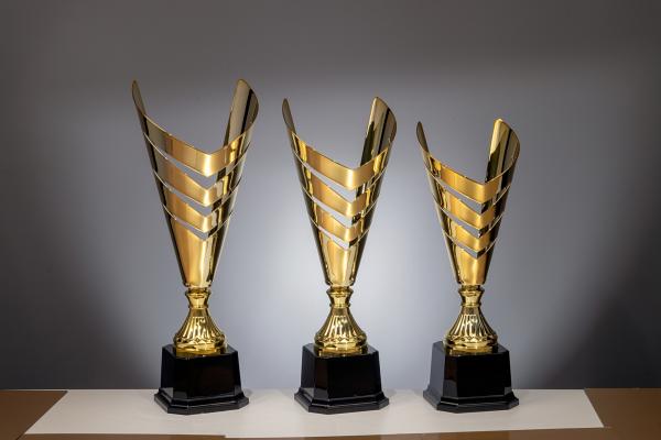 Goldener Metall Pokal auf großem Sockel,3 Größen inkl.: Aluschild/Schrift/Logo/Montage