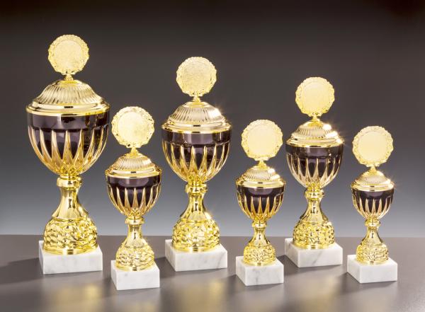 6er Pokal Serie Gold/Schwarz ,großer Kelch, inkl.: Aluschild/Schrift/5cmØ Logo/Montage
