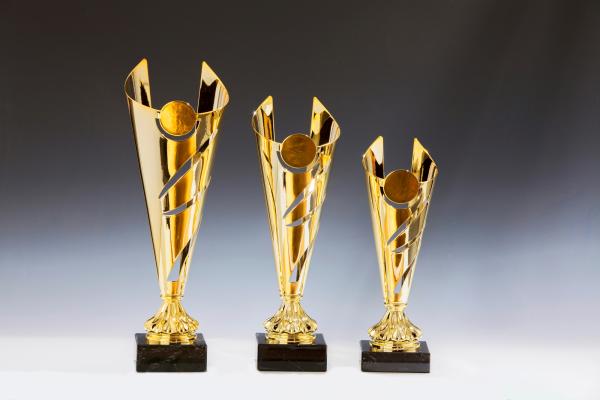 Goldener Metall Pokal auf Marmorsockel 3 Größen inkl.Aluschild/Schrift/5cm Logo/Montage