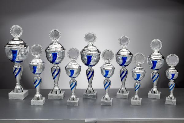 Silber/Blauer Pokal 10 Größen zur Wahl inkl. Aluschild/Schrift/5cmØ Logo/Montage