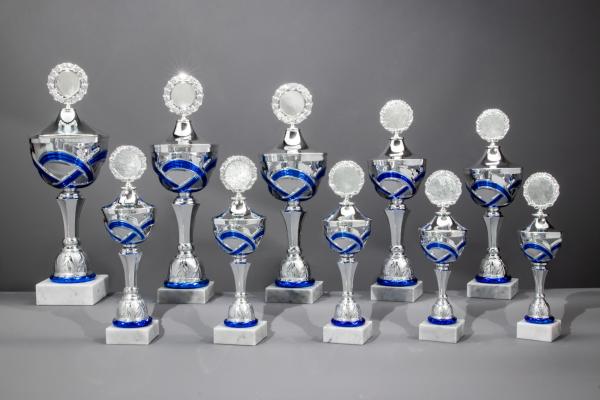 Silber/Blauer  Pokal 10 Größen zur Wahl inkl. Aluschild/Schrift/5cmØ Logo/Montage