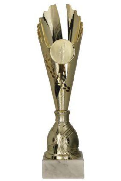 6er Pokal Serie Farbe Gold bis 39,5cm hoch inkl. Aluschild/Schrift/5cm Ø Logo/Montage