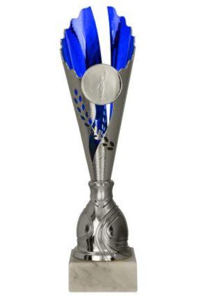 6er Pokal Serie Farbe silber/blau bis 39,5cm hoch inkl. Aluschild/Schrift/5cm Ø Logo/Montage