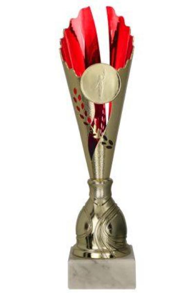 6er Pokal Serie Farbe gold/rot bis 39,5cm hoch inkl. Aluschild/Schrift/5cm Ø Logo/Montage