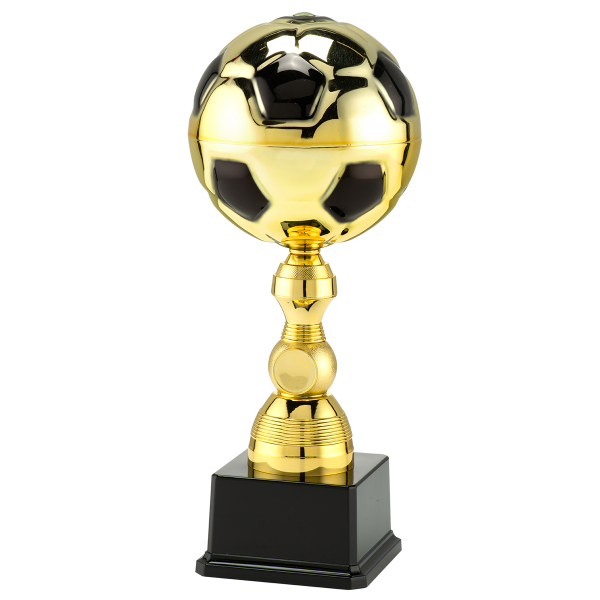 Fußballpokal mit gold/schwarzem Fußball aus Metall in 3 Größen erhältlich