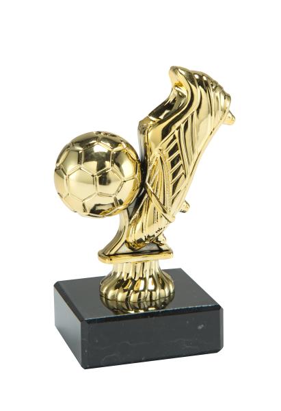 Fußballschuh mit Ball auf Marmorsockel mit Aufkleber und Montage